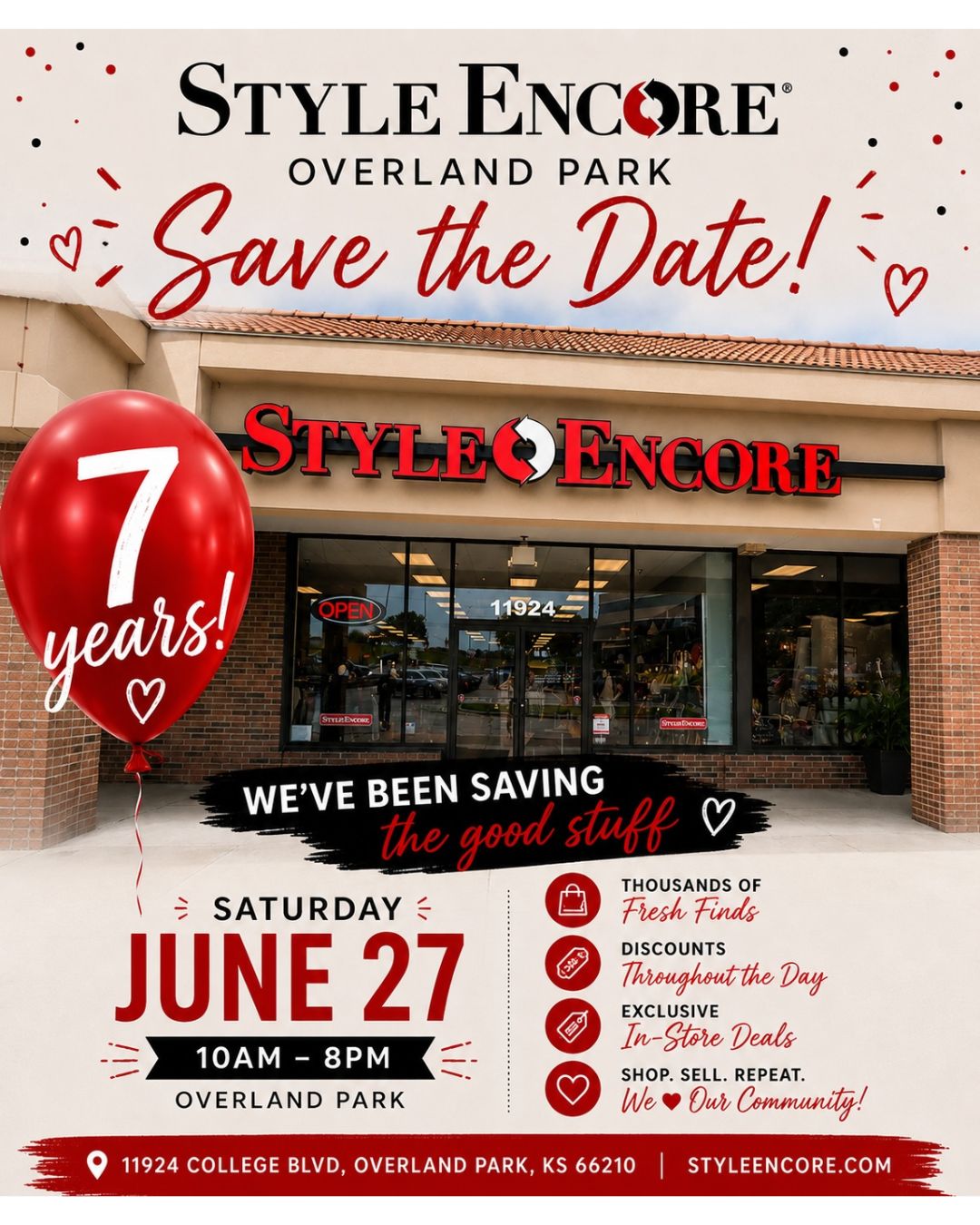 An image of the front of the store with verbiage saying save the date for our 7th bday party